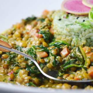 Plated Coconut Curried Lentils with Spinach