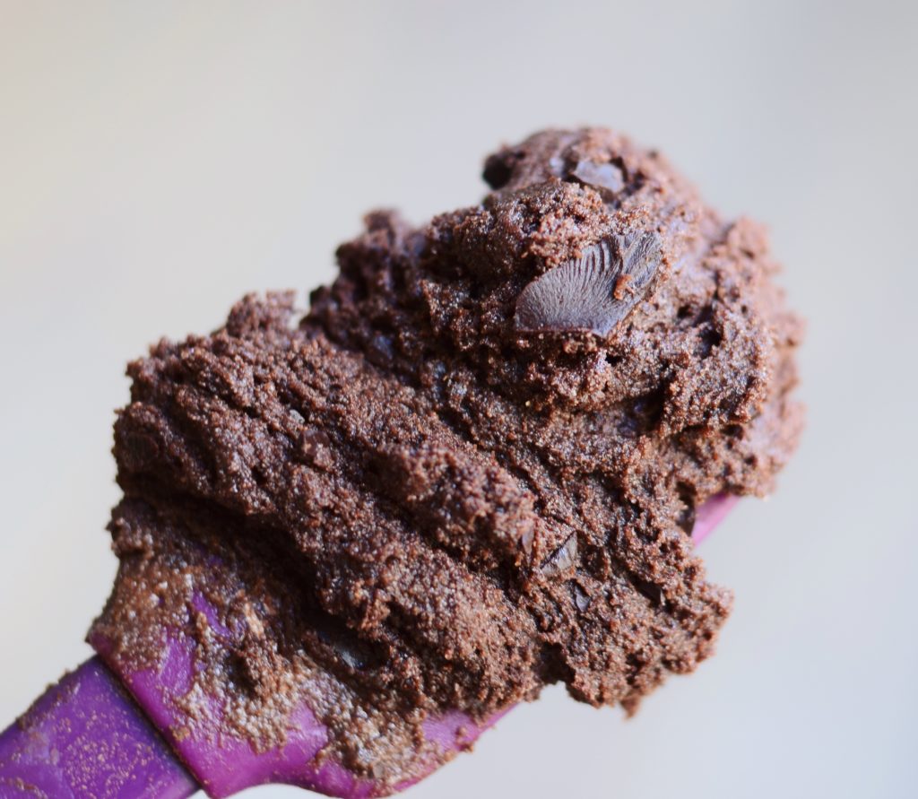 Salted double chocolate cookie dough on spatula
