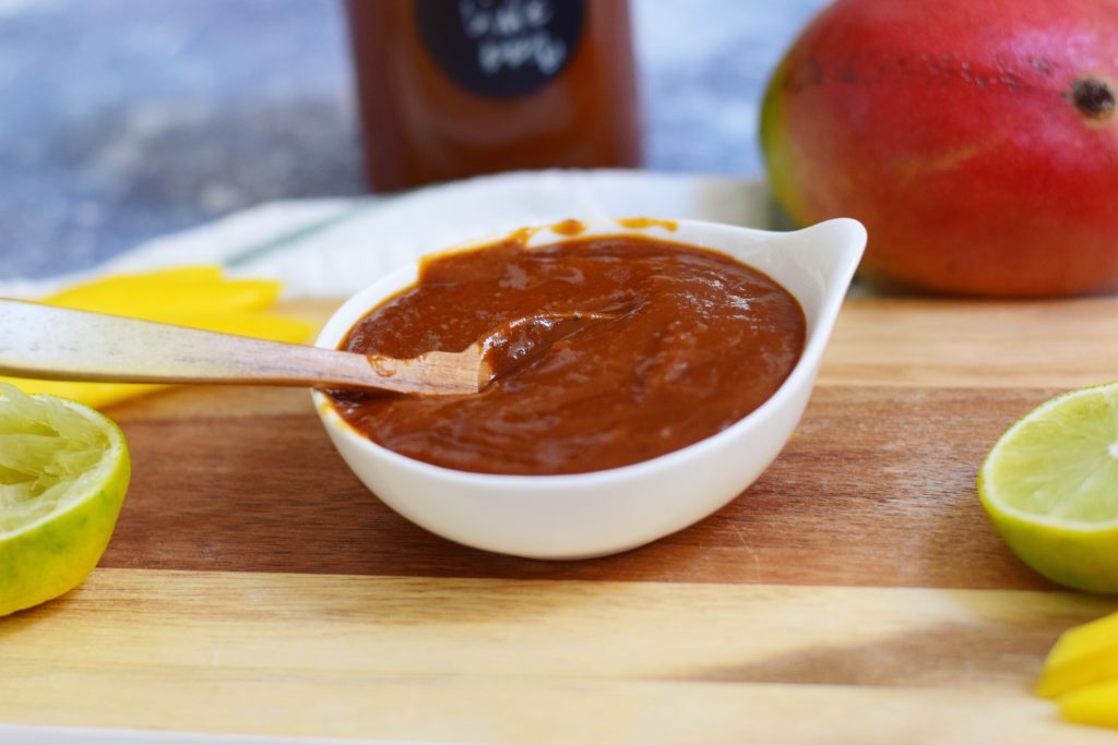Fiery Mango Lime BBQ Sauce Closeup with Spoon 2