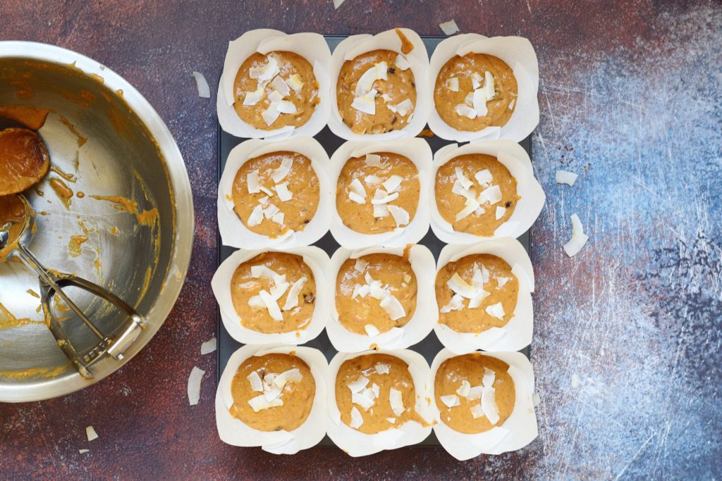 Paleo Tahini Sweet Potato Muffins Batter in Pan