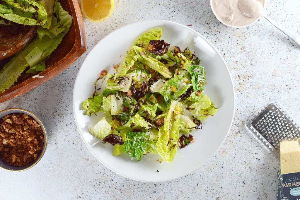 Plated Vegan Brussel Sprout Caesar Salad