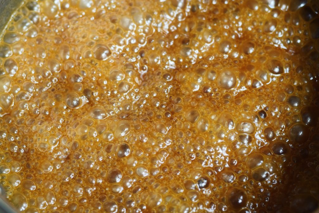 Boiling vegan salted caramel sauce