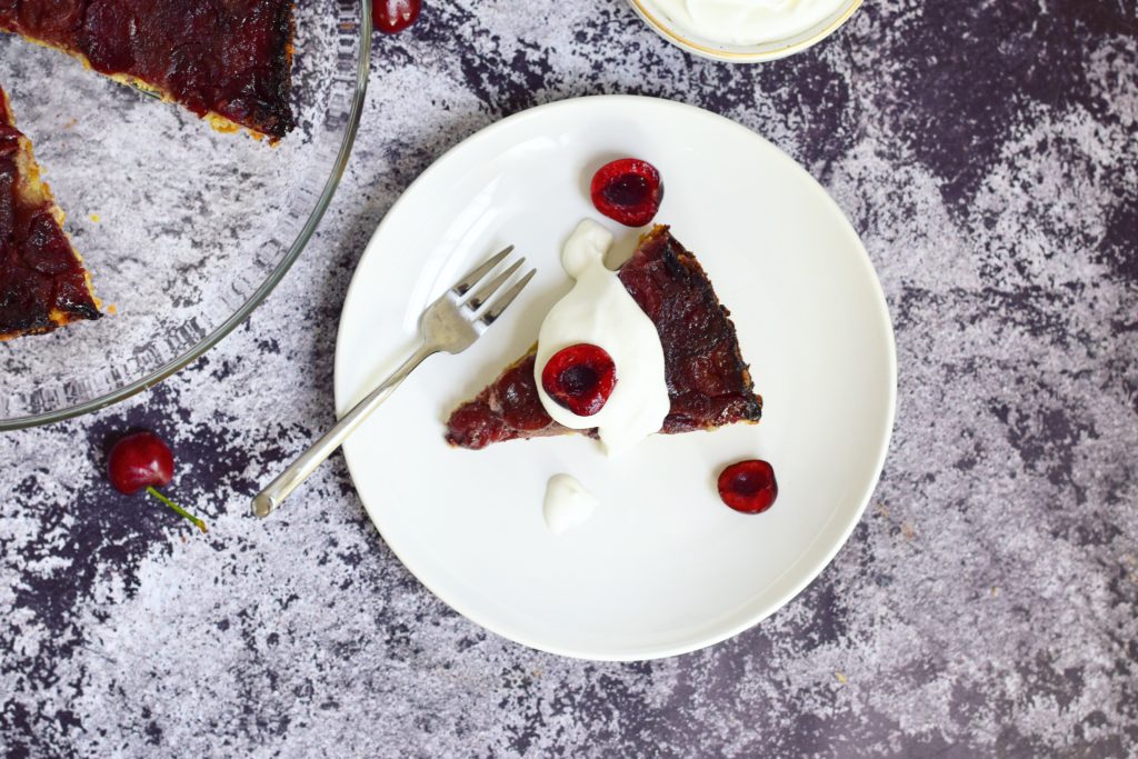 Cherry Olive Oil Upside Down Cake Slice with Fork