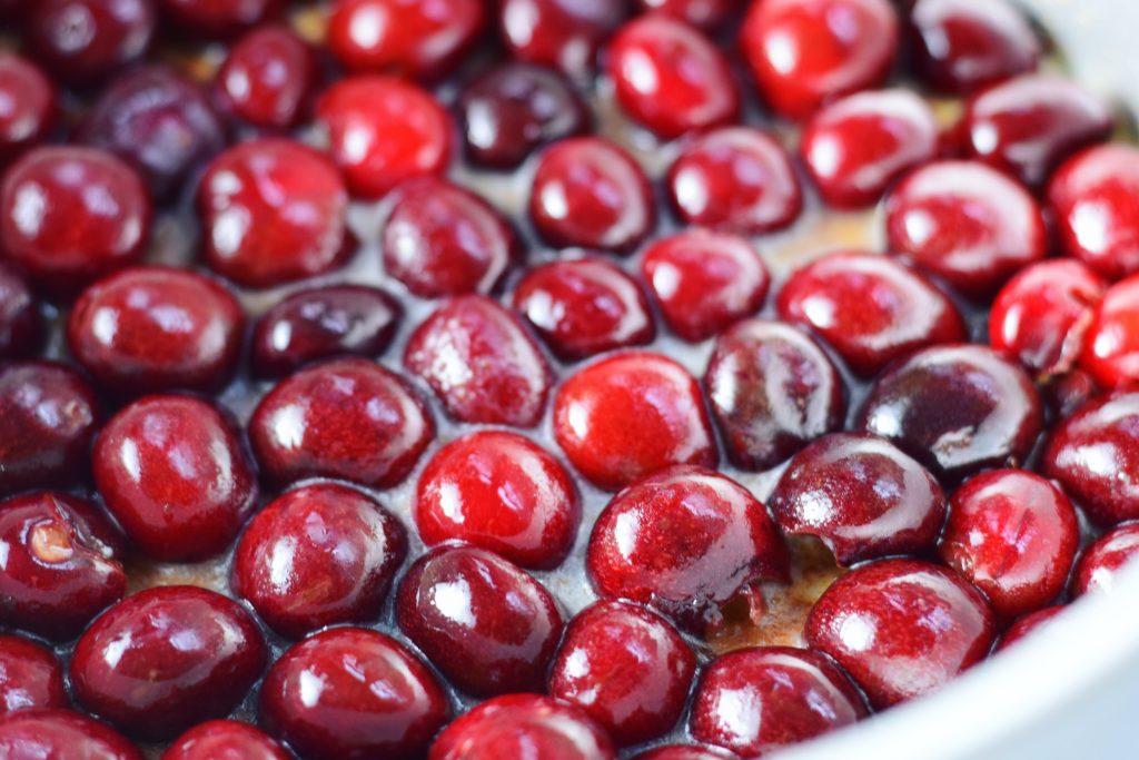 Closeup of Cherries in Pan for Olive Oil Upside Down Cake