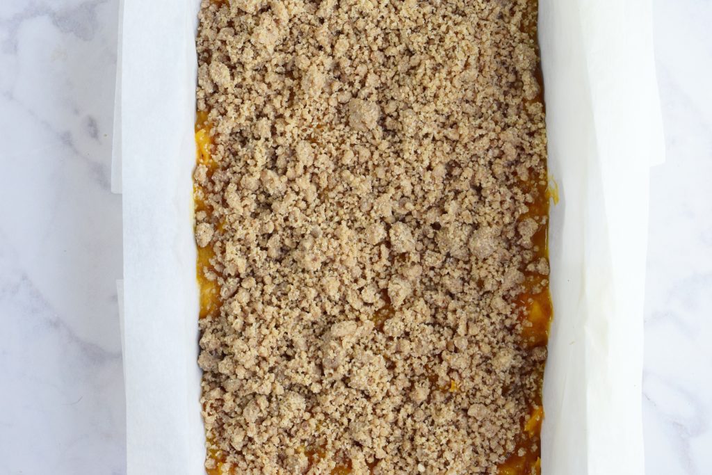 Crumb Topping Added to Roasted Apricot Crumb Bars