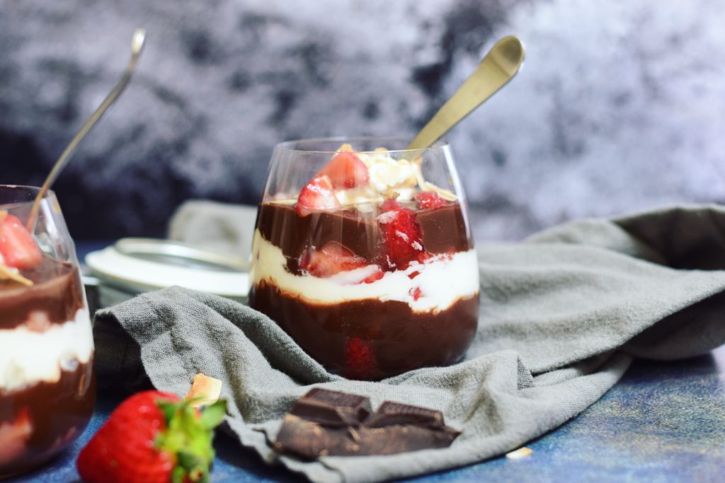 Dark Chocolate Salted Caramel Pudding Parfaits with Macerated Strawberries 3