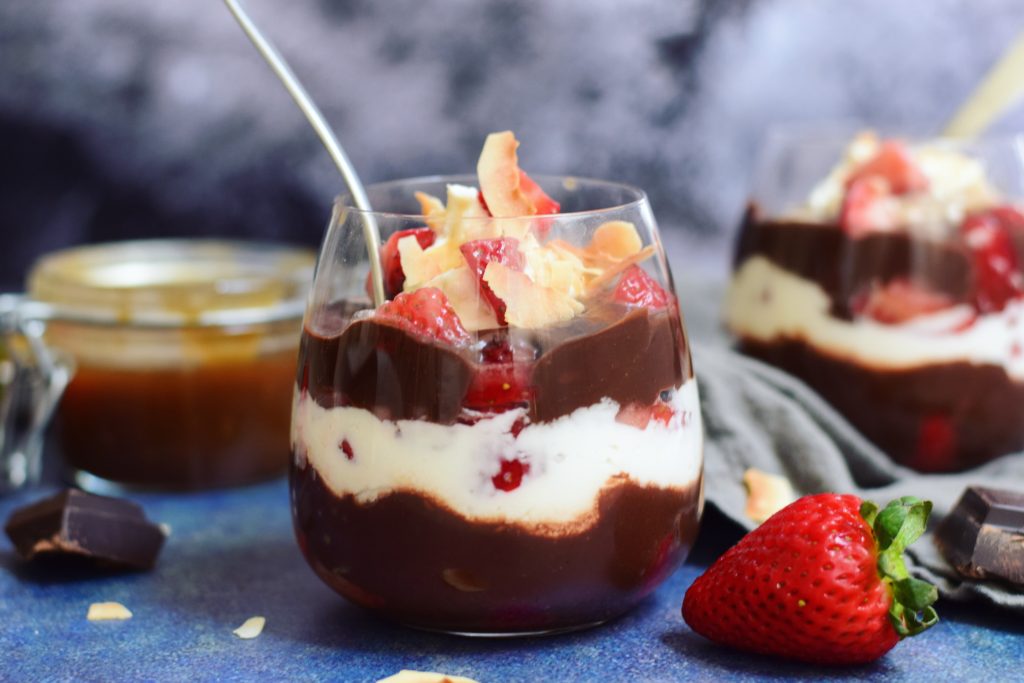 Dark Chocolate Salted Caramel Pudding Parfaits with Macerated Strawberries 4