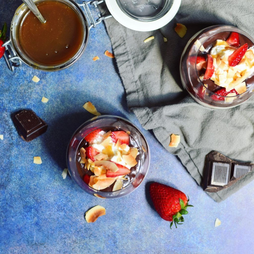 Dark Chocolate Salted Caramel Pudding Parfaits with Macerated Strawberries Aerial 4