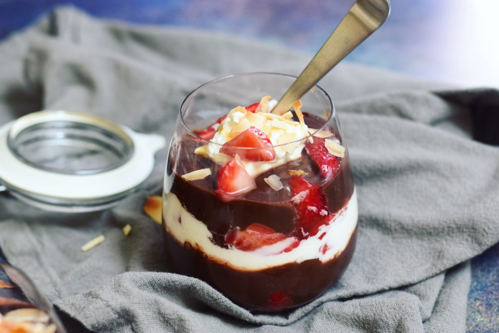 Single Dark Chocolate Salted Caramel Pudding Parfait with Macerated Strawberries 3