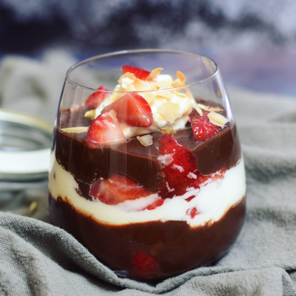 Single Dark Chocolate Salted Caramel Pudding Parfait with Macerated Strawberries 4