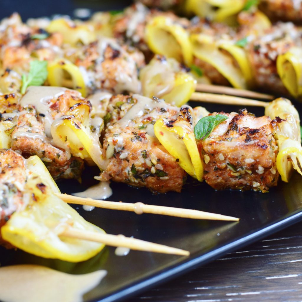 Grilled Salmon Kebabs with Lemon & Tahini Closeup 6