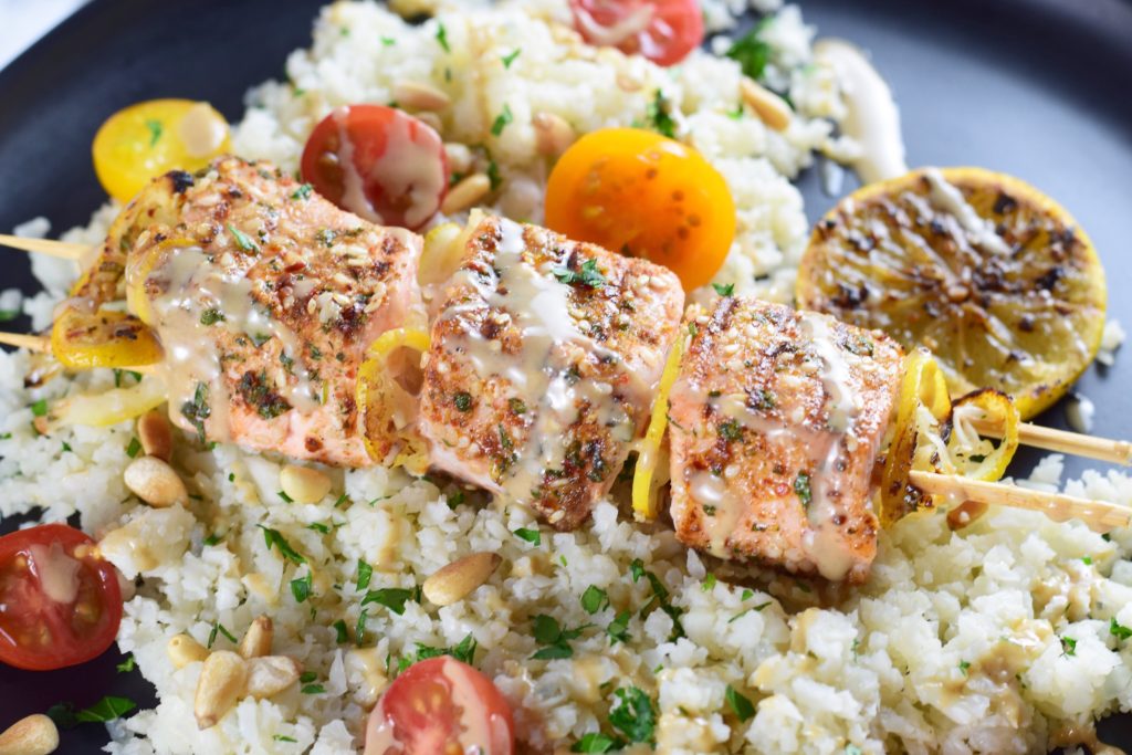 Grilled Salmon Kebabs with Lemon & Tahini Feature
